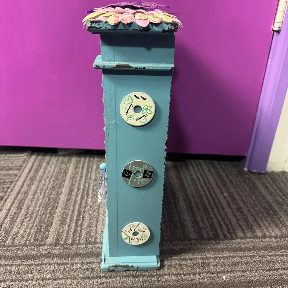 Whimsical Teal Glitter Wooden Wall Cabinet Jewelry Key Holder Butterfly Floral